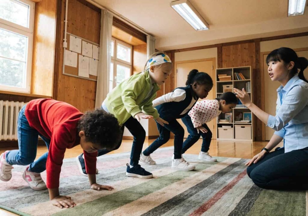 Kindergartners doing an indoor movement break with animal walks on a classroom rug