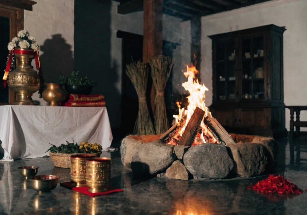 Ceremonial ritual fire setup for indoor cultural wedding ceremony