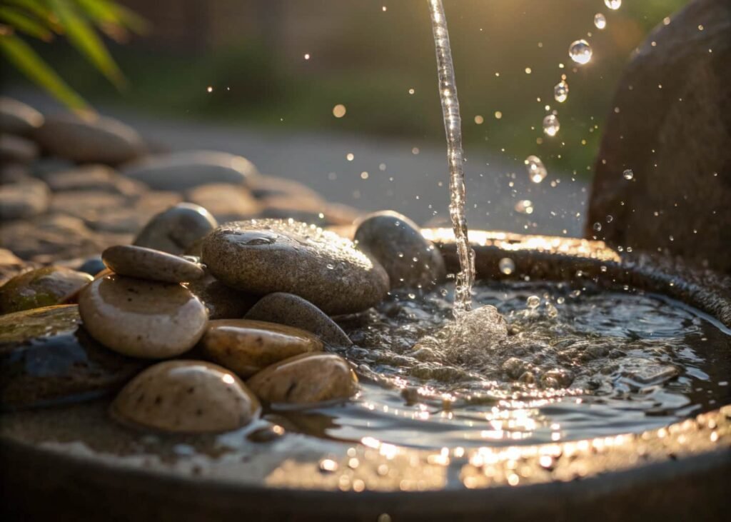 Water trickling over stones in a homemade garden fountain, sunlight reflecting on droplets.
