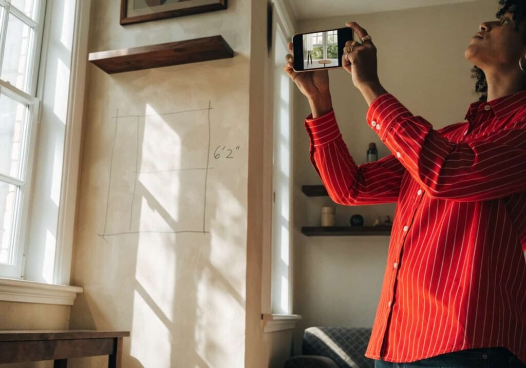 A homeowner holding up a phone with a decor inspiration photo next to their own living room wall, comparing window placement and proportions.