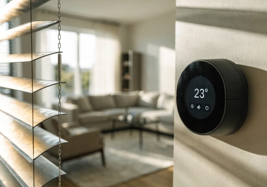 Smart thermostat and motorized blinds integrated into a modern home for a clutter-free look.