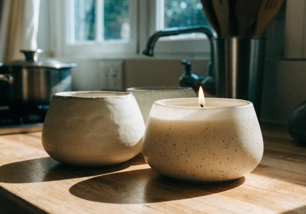 Handmade soy wax candles in ceramic jars on a kitchen counter