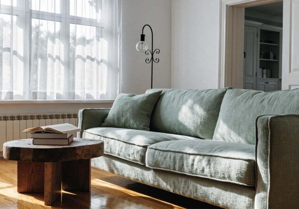 Linen sage green sofa styled with dark wood and black accents for contrast.
