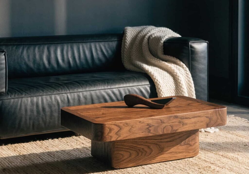 Black furniture styled with warm wood and light textiles for contrast