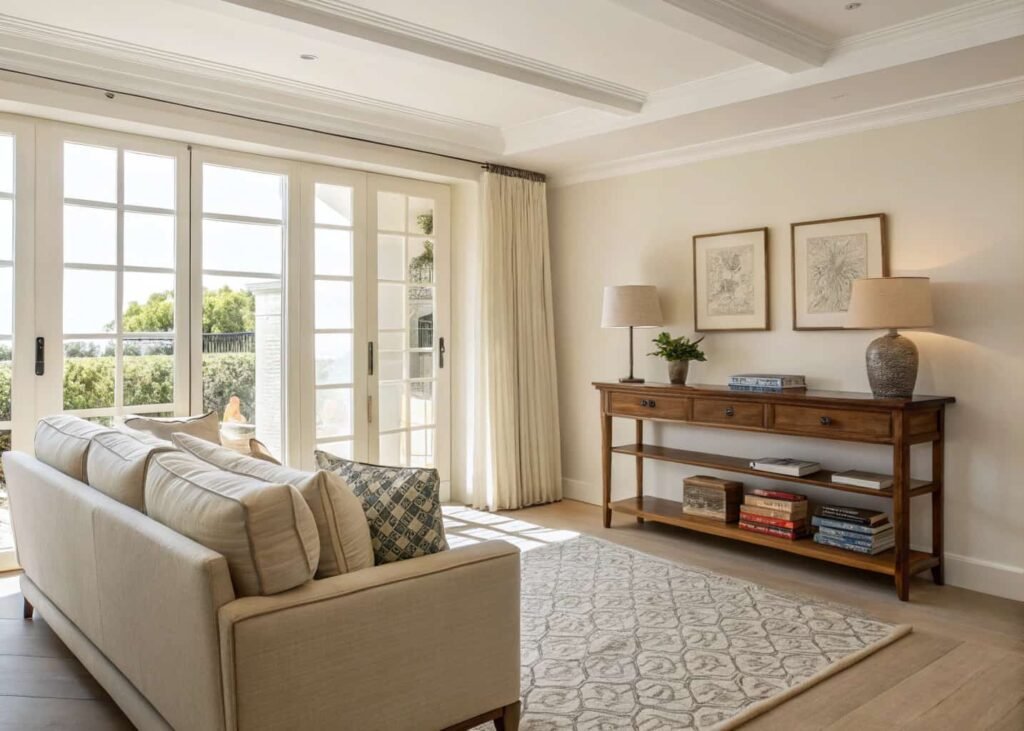 Floating sofa arrangement with a slim console table behind it dividing a small living room into two zones.