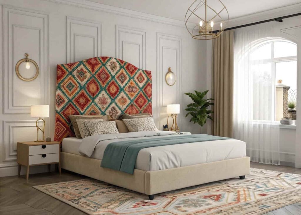 Bedroom with a bold patterned headboard as the clear focal point, rest of the room styled in neutral supporting tones