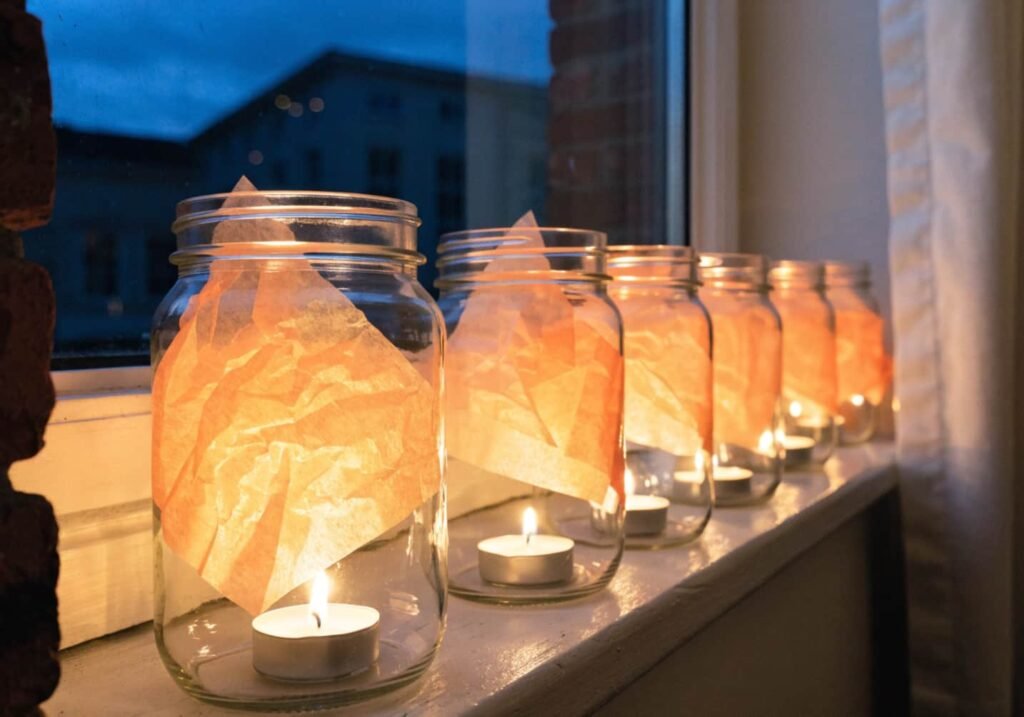 Mason jar Halloween lanterns with orange tissue paper and battery tea lights.
