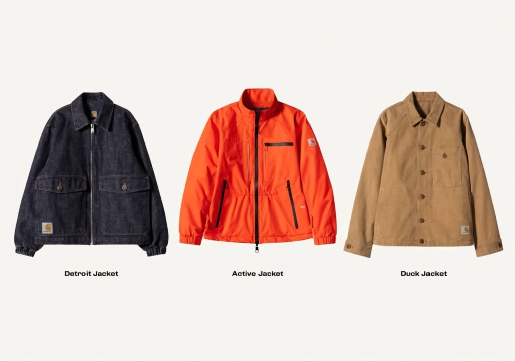 Heavily insulated Carhartt winter jacket worn in snowy conditions