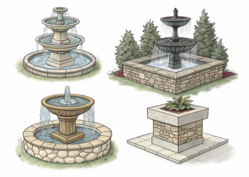 Comparison of four types of homemade fountains: pot, tiered, pondless, and wall-mounted.
