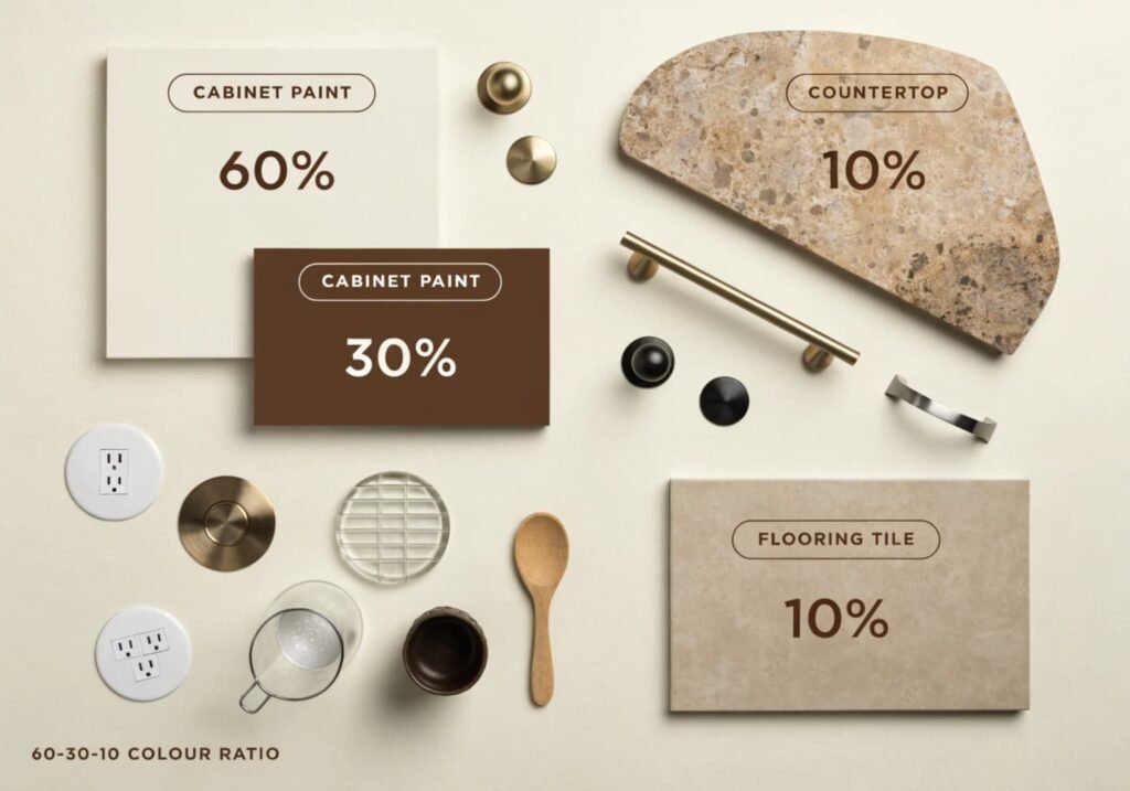 Flat lay of kitchen material swatches — cabinet paint chips, countertop sample, flooring tile — arranged to show a 60-30-10 colour ratio for a kitchen renovation.