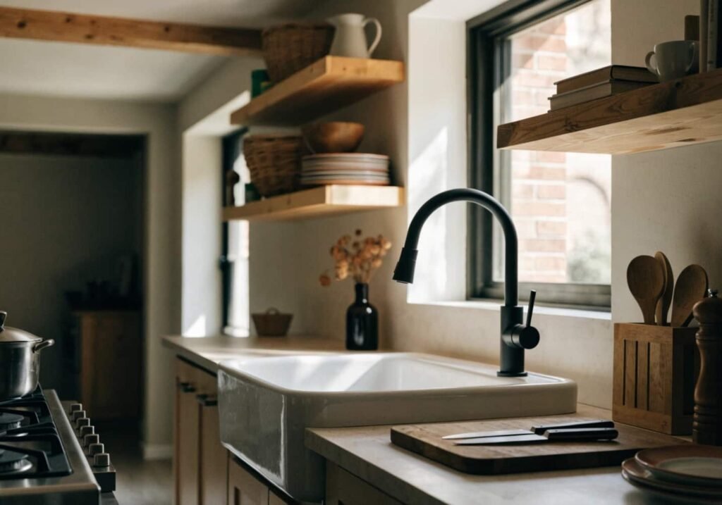 Farmhouse apron sink with gooseneck faucet in a small kitchen