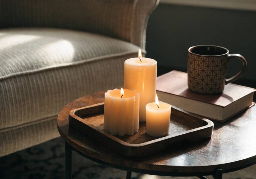 Grouped candles at varying heights creating warm ambient light