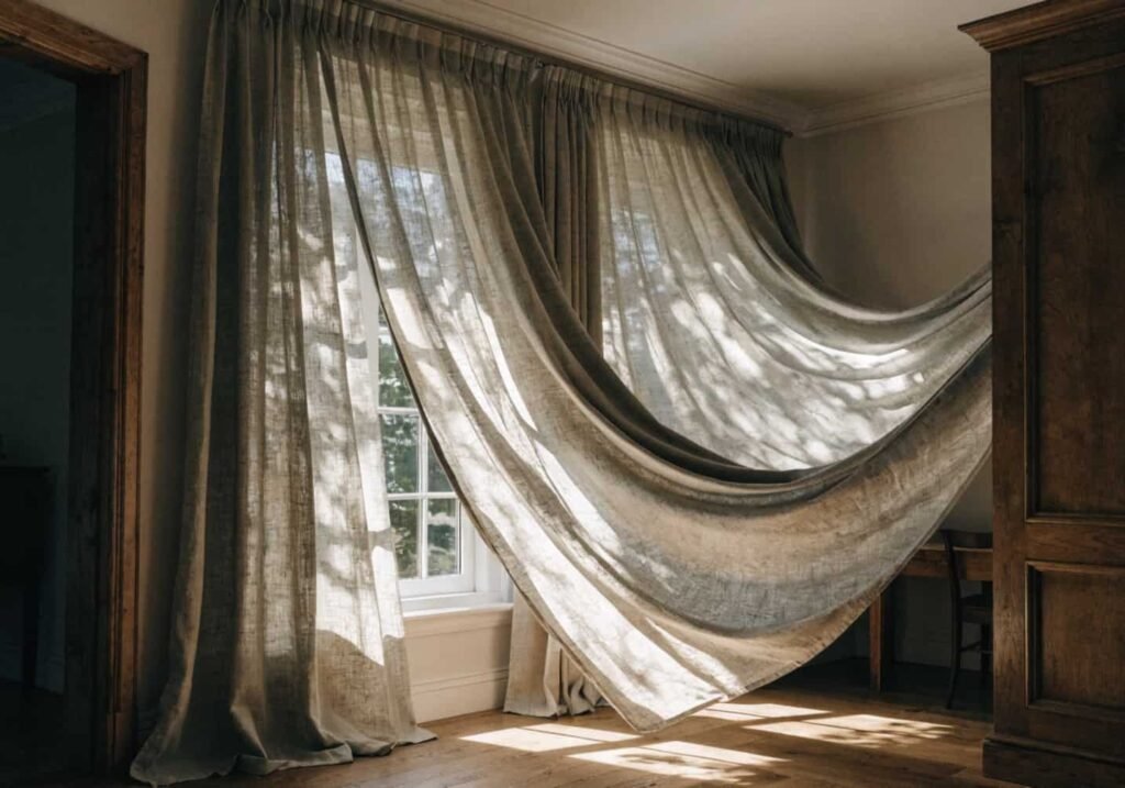 Lightweight sage green linen curtains mounted above the window frame.