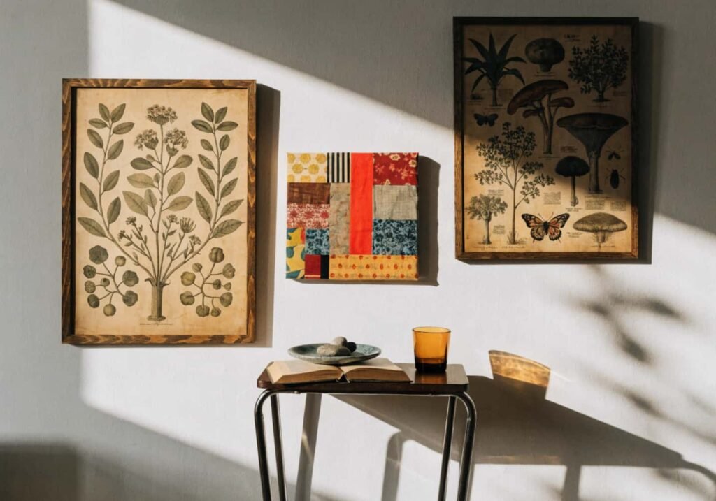 Cheap DIY wall decor made from vintage prints and fabric remnants