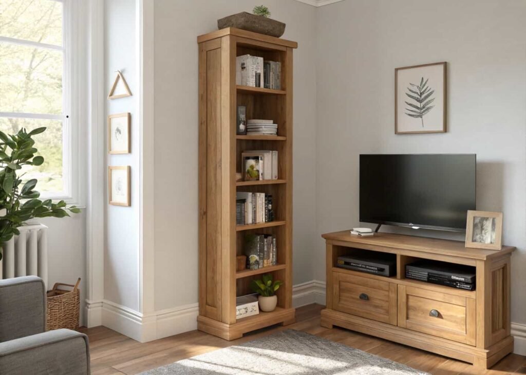Tall narrow bookshelf used as vertical storage in a small living room corner.