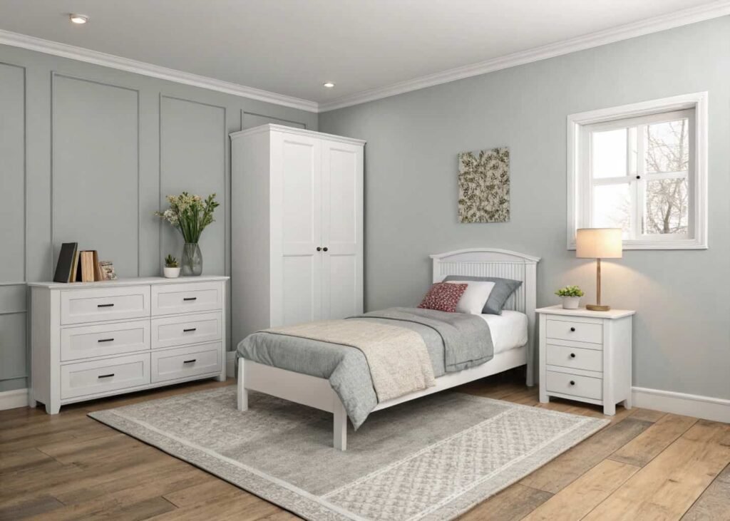 Simple low-effort bedroom design with accent wall and area rug