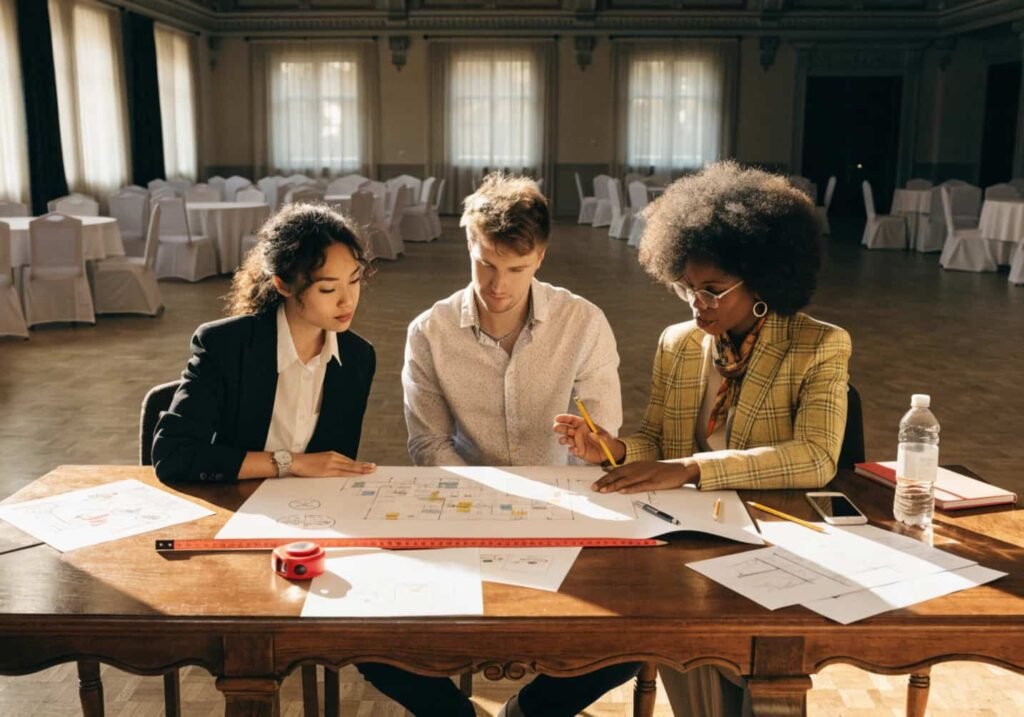 Couple and planner reviewing venue floor plan inside an empty wedding hall