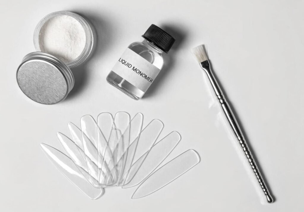 DIY acrylic nail kit with powder, liquid monomer, and application tools.