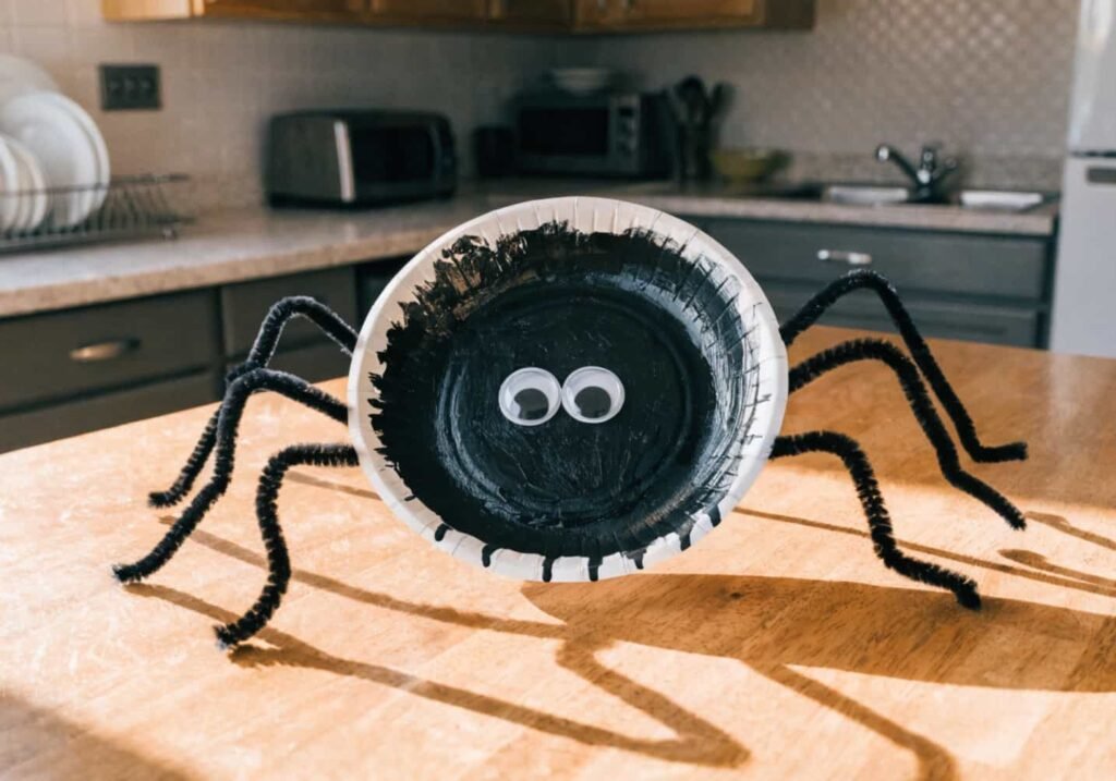 Kids Halloween craft of a paper plate spider with pipe cleaner legs and googly eyes.
