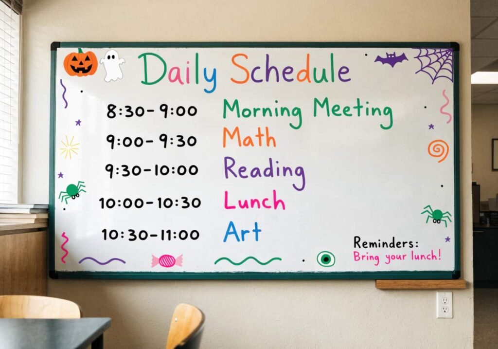 Classroom white board combining a daily schedule with Halloween-themed border icons.