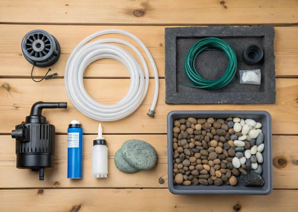 Flat lay of materials needed to build a homemade water fountain, including pump, tubing, and sealant.