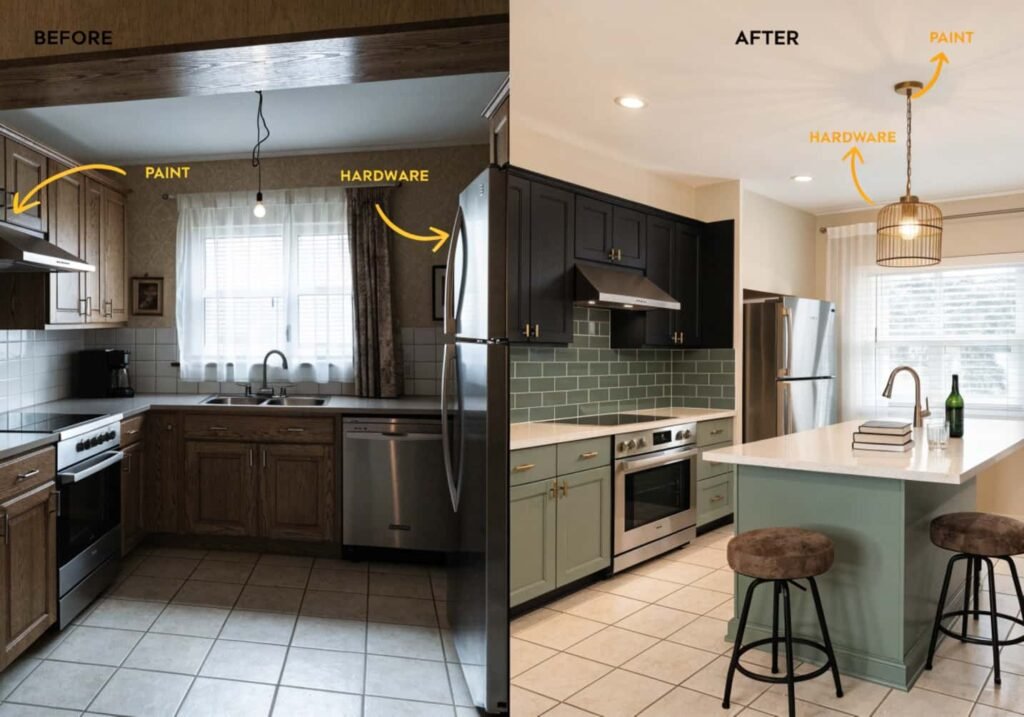 Side-by-side before-and-after photo of a kitchen renovation, labelled to show which specific changes — paint, hardware, lighting — drove the transformation.