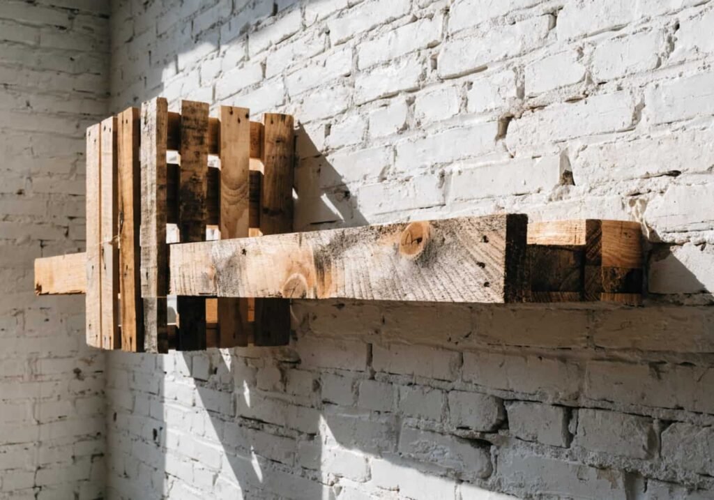 DIY reclaimed pallet wood shelf on a farmhouse accent wall