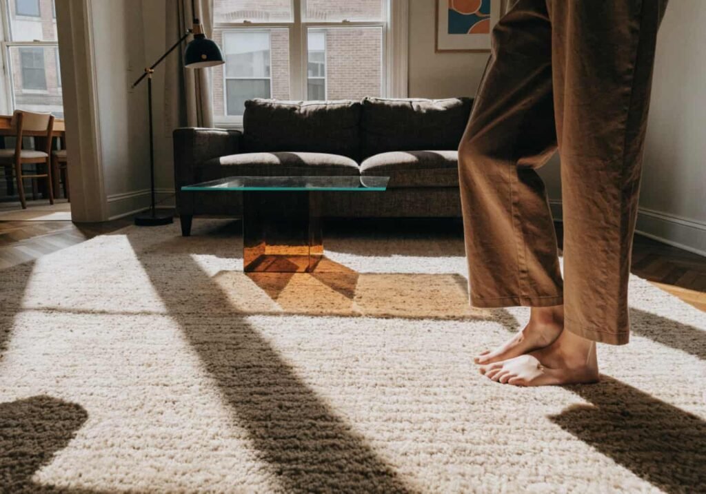 Large wool rug extending under sofa legs for extra warmth