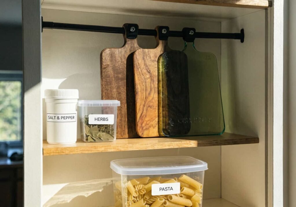Small kitchen storage solution using a tension rod and matching containers