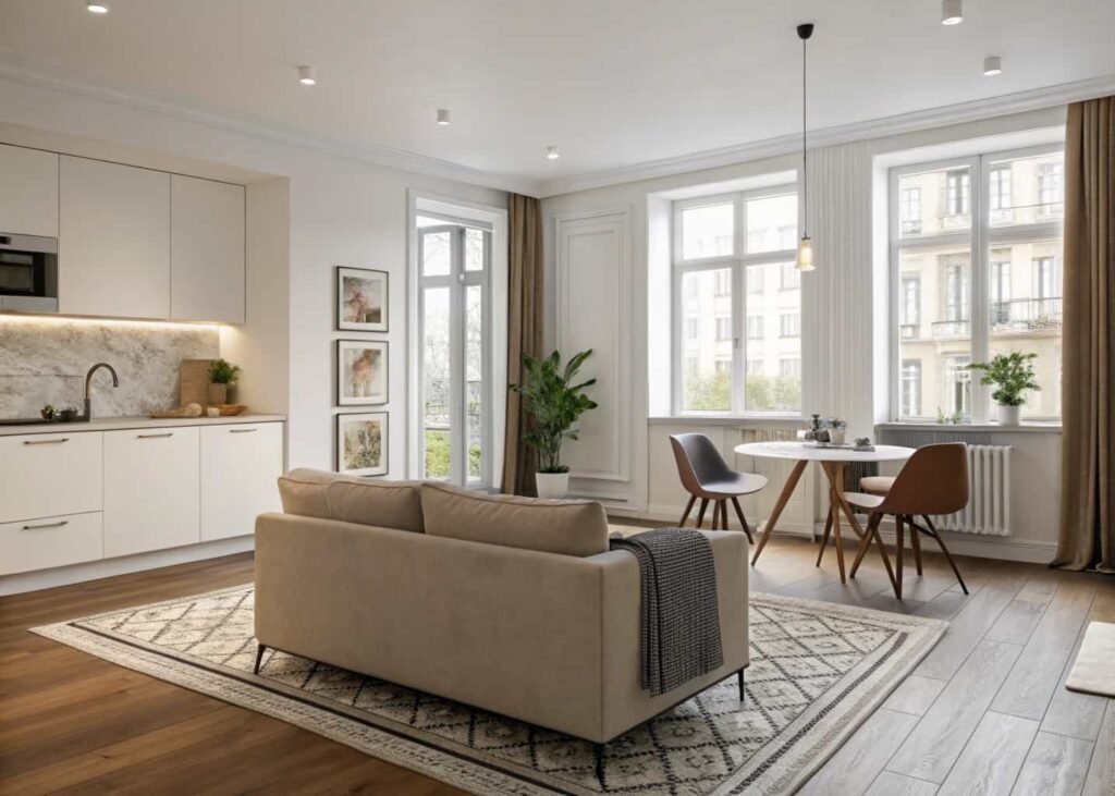 Sofa and dining table arranged back-to-back to zone a small open-plan living space without walls.