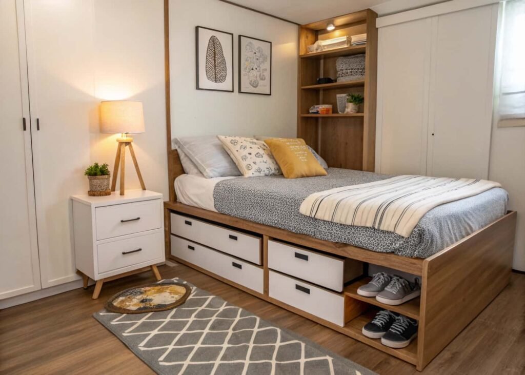 Budget-friendly small bedroom with smart storage and simple lighting