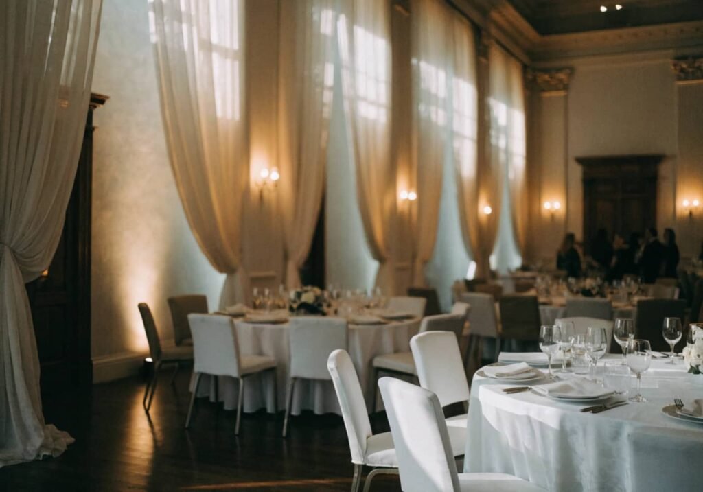 Draped fabric decor maximizing vertical space in an indoor wedding hall.