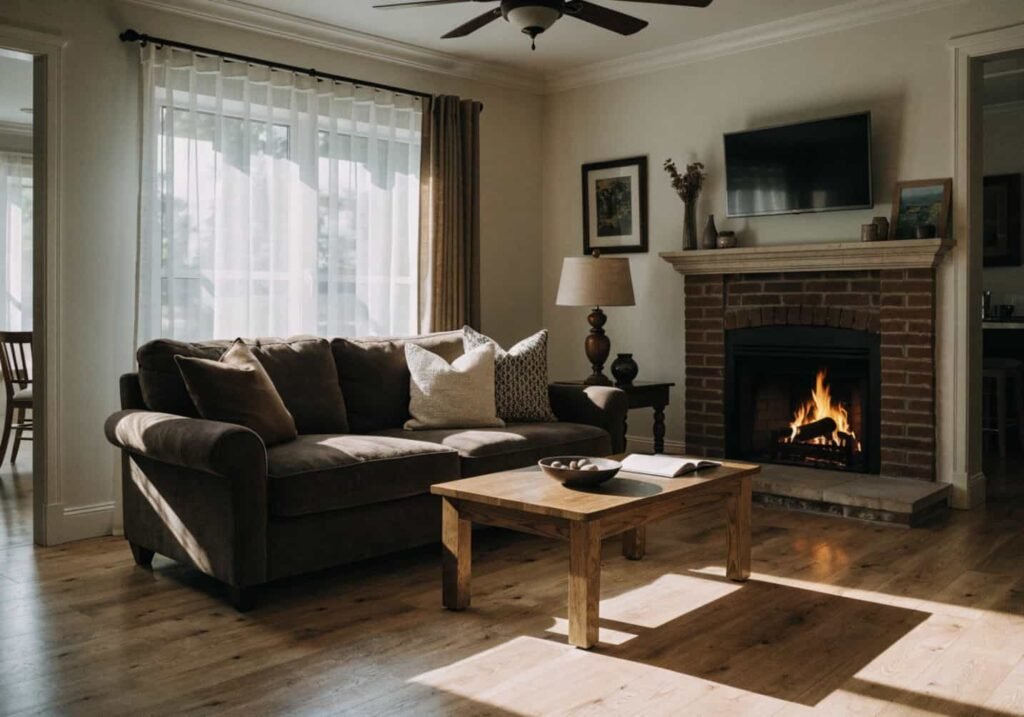 Sofa facing fireplace as the room's main focal point