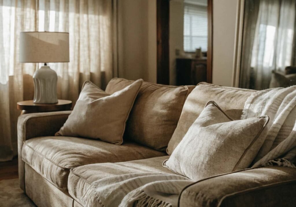Oatmeal-colored fabric couch styled with neutral cushions in a calm living room