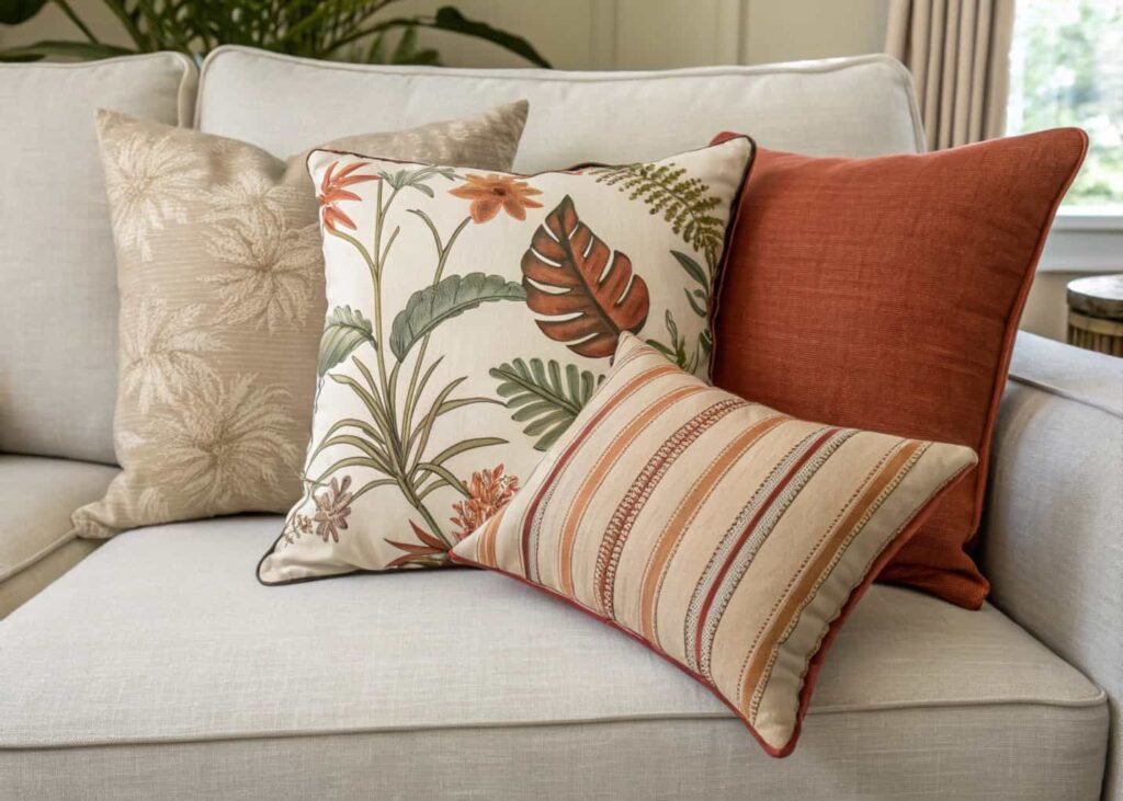 Sofa styled with five mixed-pattern throw pillows in neutral and rust colors.