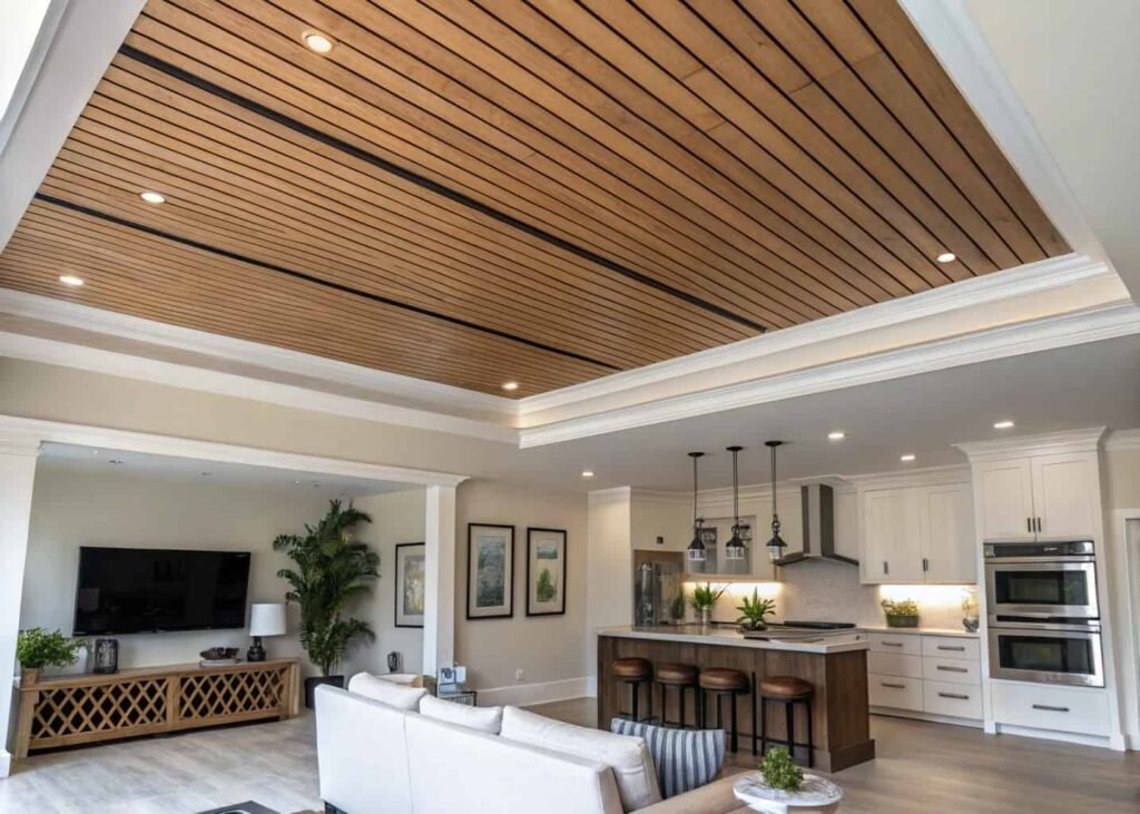 Ceiling design change marking the transition between kitchen and living room zones