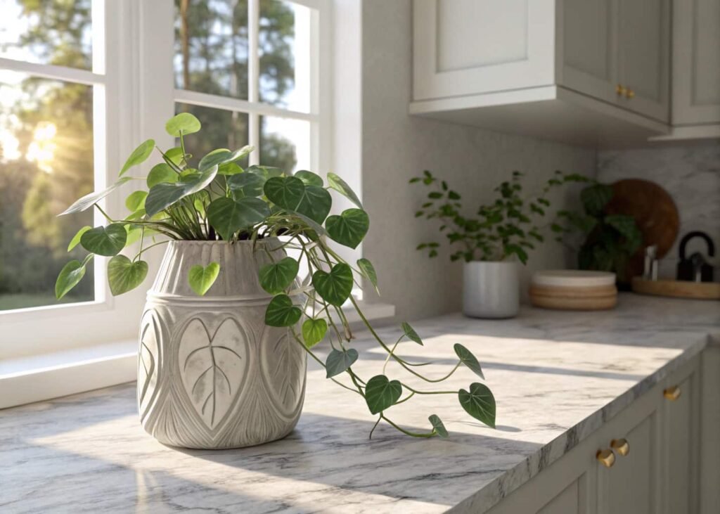 Potted pothos and faux eucalyptus styled on sunny kitchen countertop