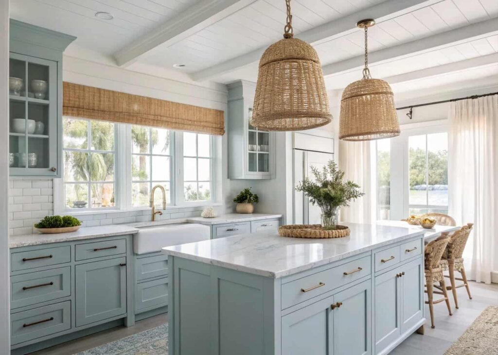 Coastal kitchen with pale blue cabinets, rattan pendant lighting, and light quartz countertops
