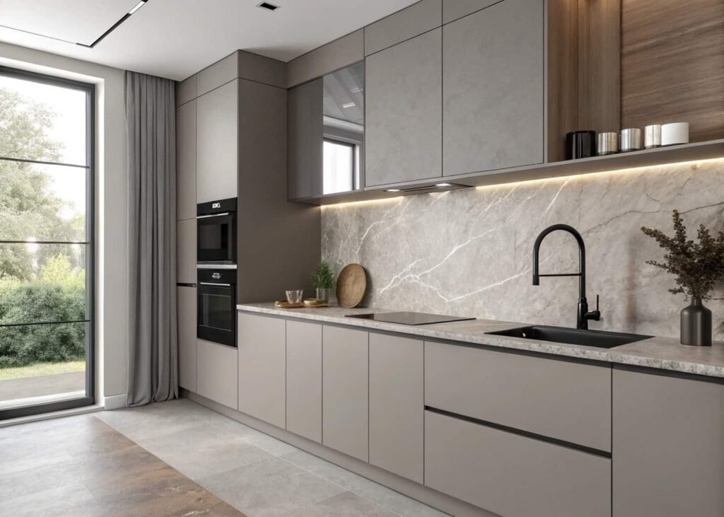 Monochrome taupe and grey kitchen with layered tonal cabinetry
