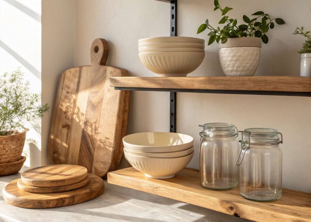 Open wood floating shelves styled with cream dishware for a Pinterest-worthy kitchen