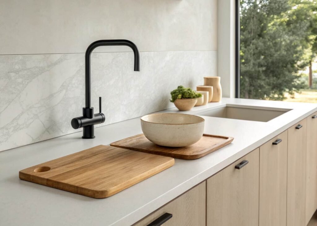 Minimalist kitchen counter with handleless cabinetry and a single wooden cutting board for a clean look
