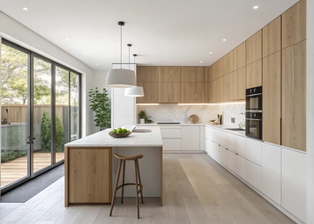 Scandinavian kitchen with light wood cabinets and pendant lighting