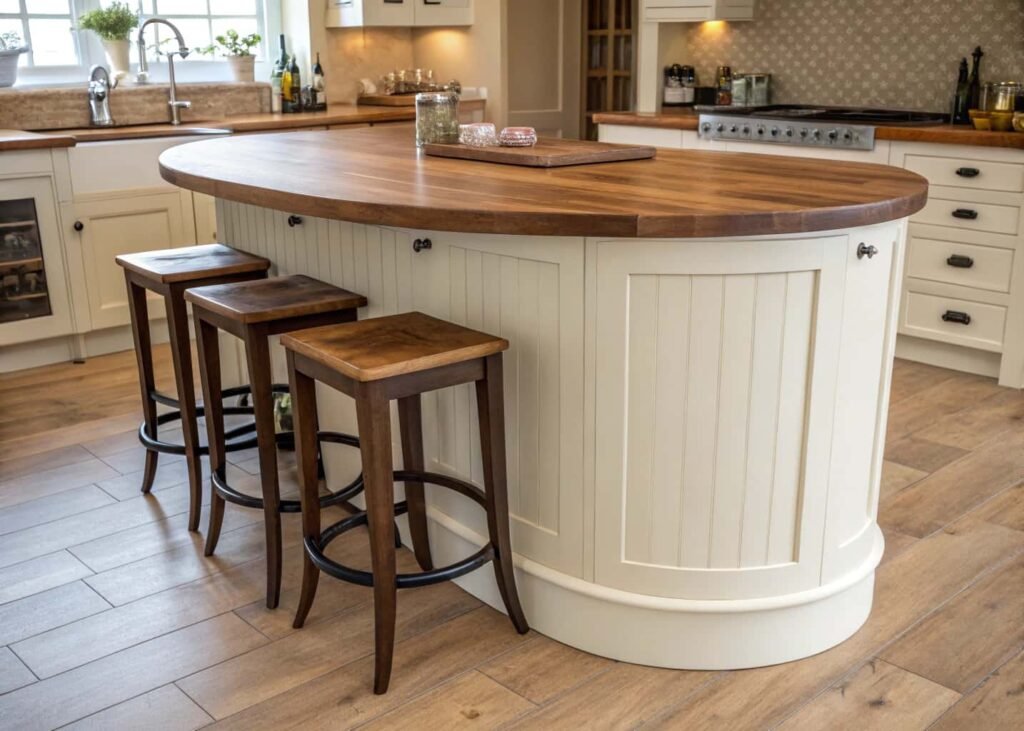 Curved kitchen island with rounded edge, a 2026 organic kitchen shape trend