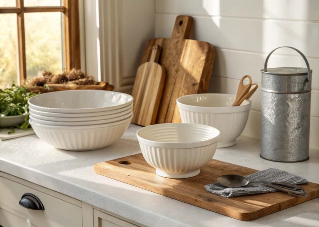Farmhouse kitchen counter styled with stoneware, wood board, and metal crock