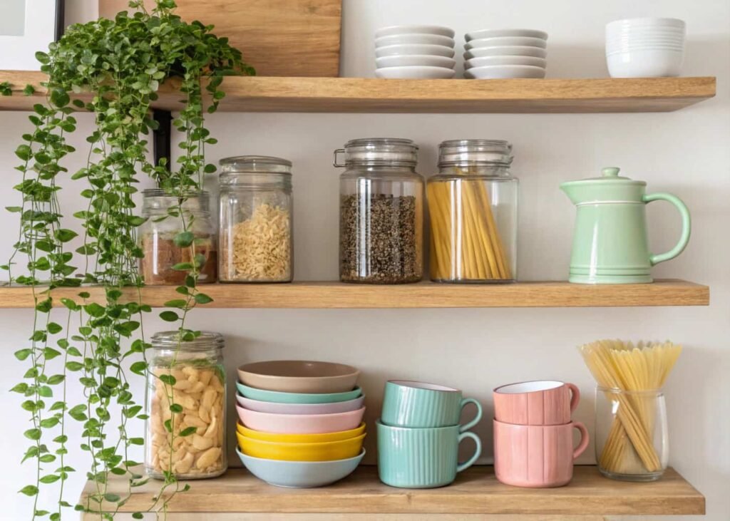 Styled open shelving in a small rental kitchen with mugs, jars, and a trailing plant.