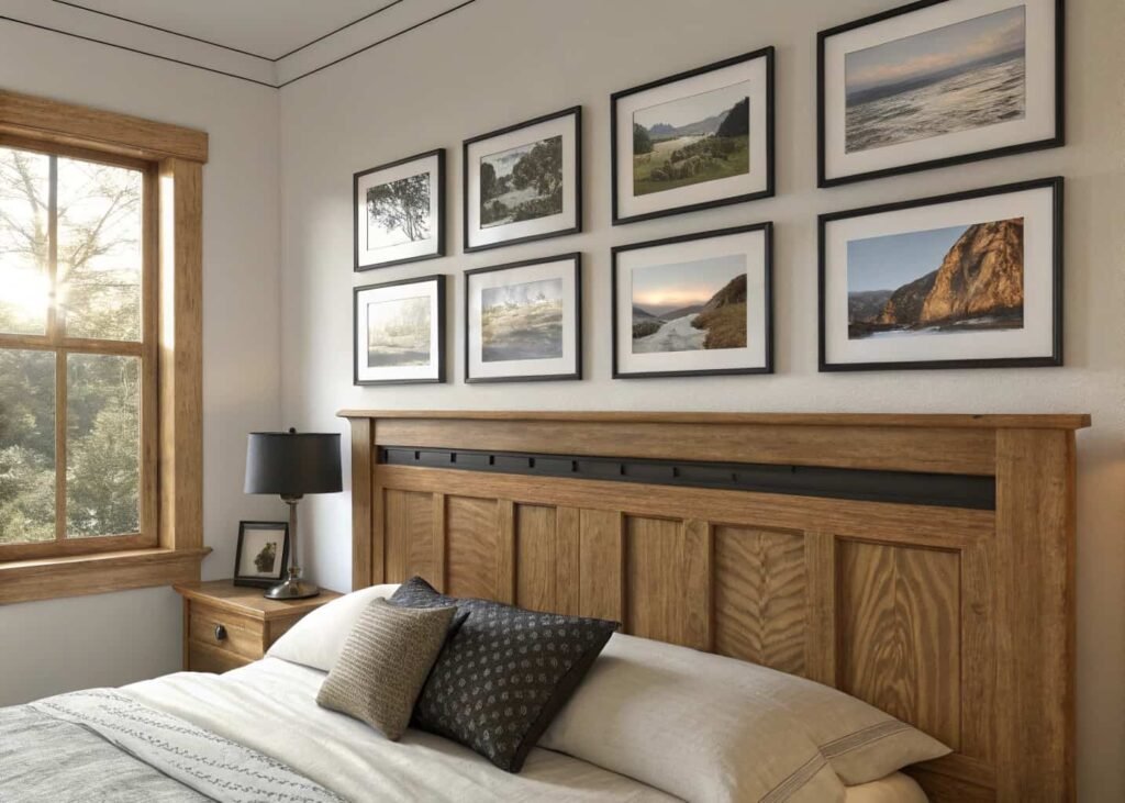 Gallery wall above bedroom headboard with mixed frame sizes