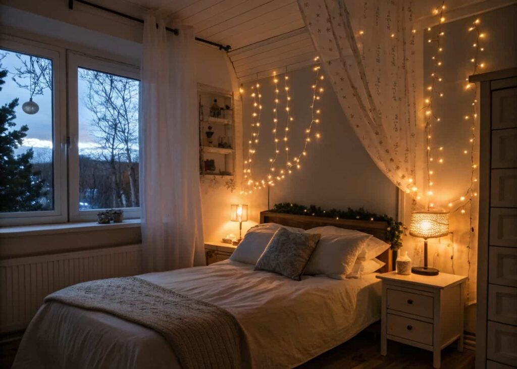 Warm fairy lights and bedside lamp creating ambient bedroom lighting at dusk