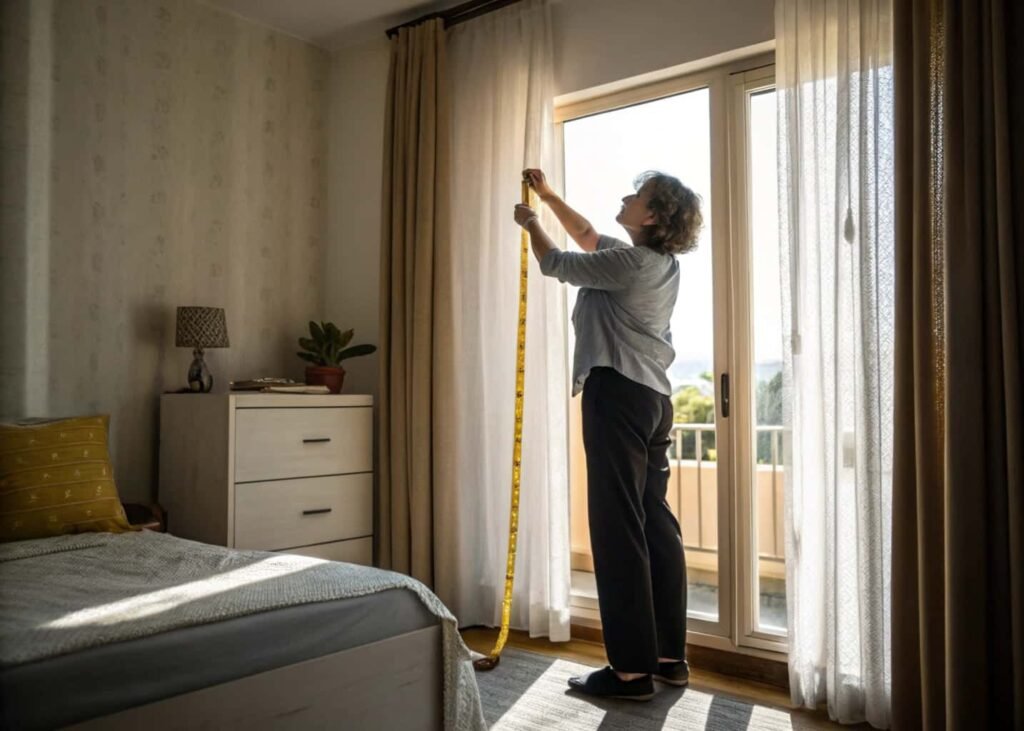 Measuring bedroom wall with tape measure before buying furniture