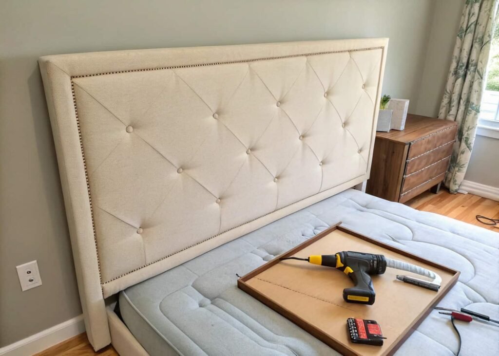 DIY upholstered headboard project in progress with fabric and staple gun