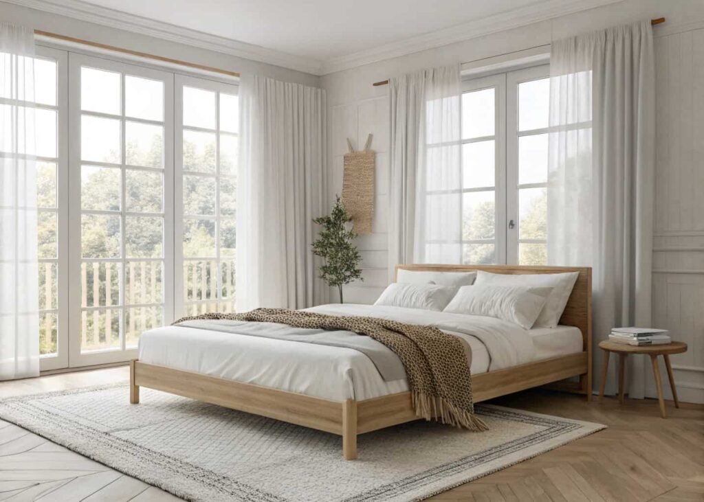 Sunlit Scandinavian bedroom with pale wood furniture and minimalist white decor